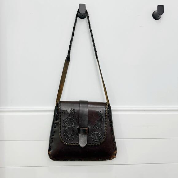 Vtg Vintage Brown Leather Rose Tooled Western Style Saddle Purse Bag - Picture 2 of 8